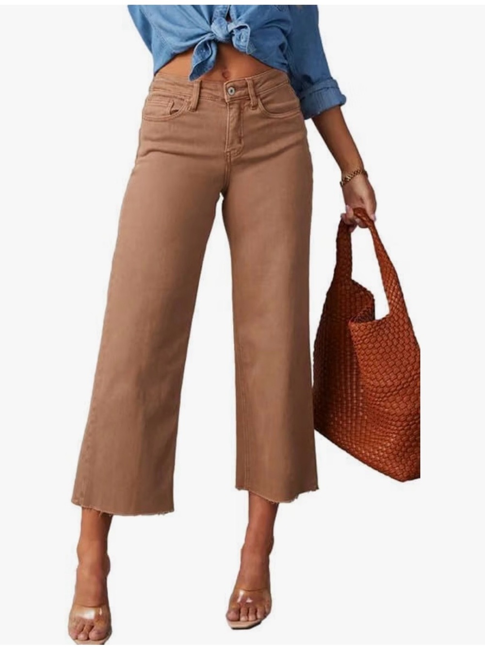 Allimy Women’s High Waisted Wide Leg Ripped Capri Jean Size 12 Rust